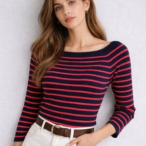VTG Lauren Ralph Lauren Navy Red Stripe Boatneck Rib Knit Sweater Sz PM Nautical